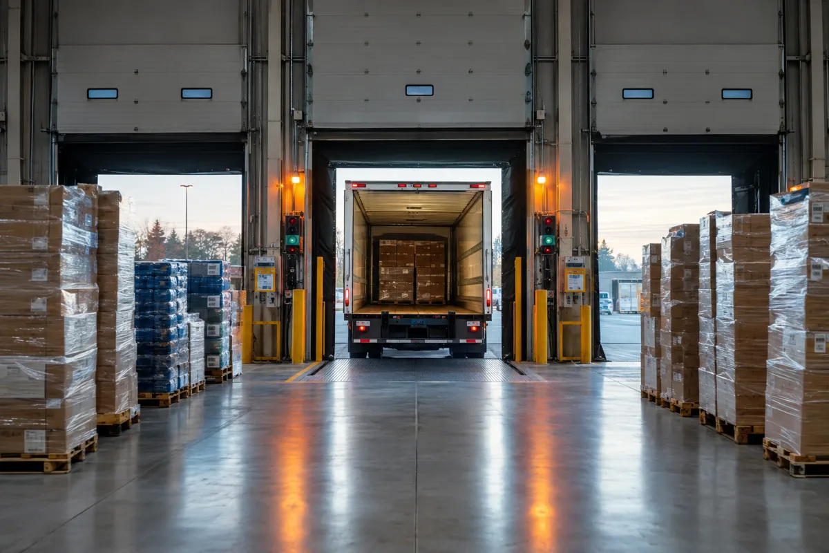 Box truck backed into a loading bay inside a warehouse