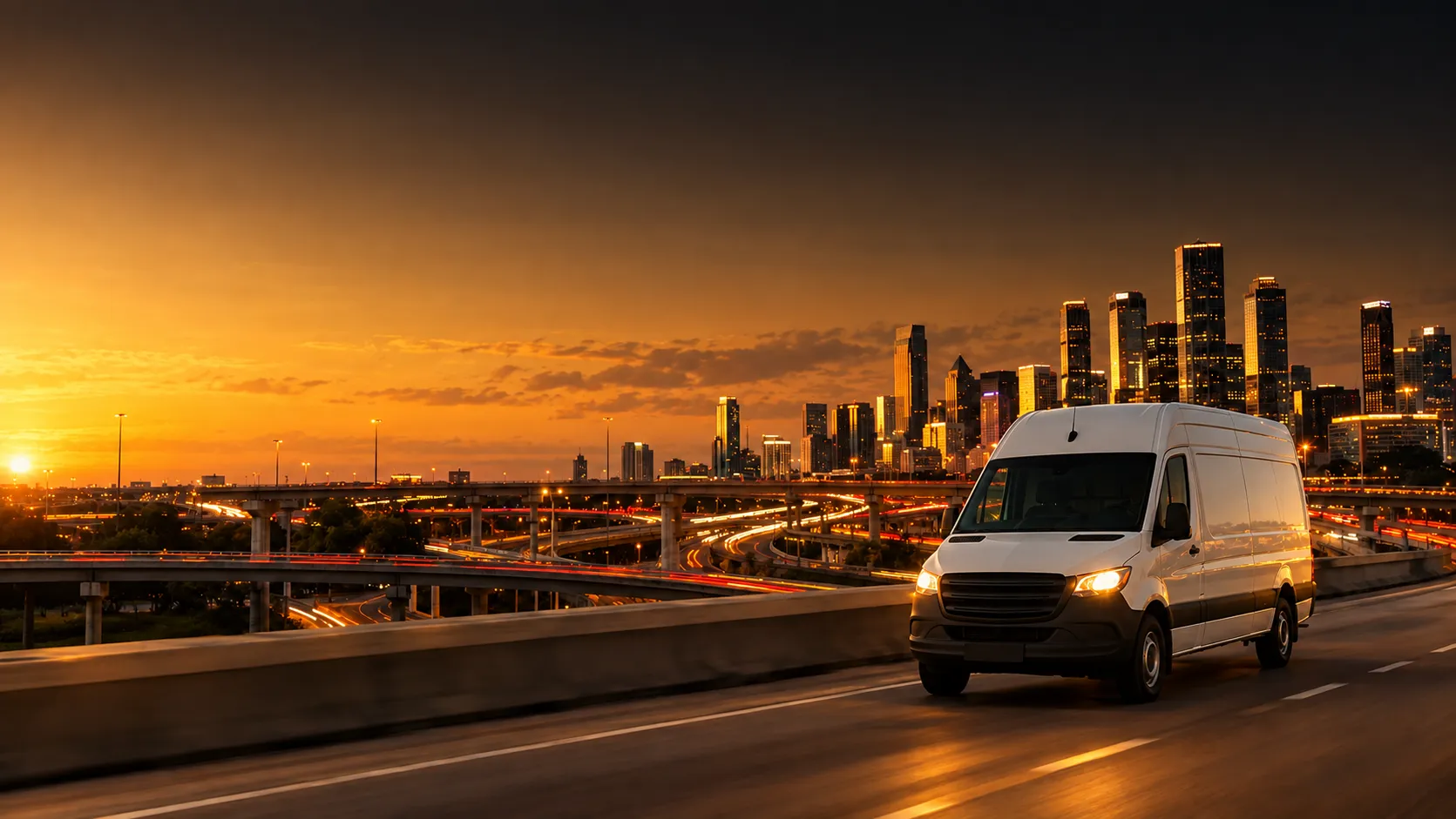 White cargo van driving on a Houston freeway at golden hour with the downtown skyline behind it